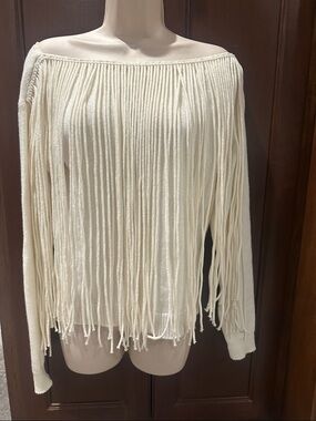 BABYLON Fringed Off-The-Shoulder Sweater in Cream size 42 NWT